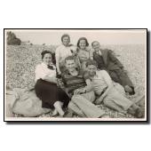 Rita, Harry, Mrs George, Ofelia, Mr George and Ken<br />at Hayling Island 12th June 1938
